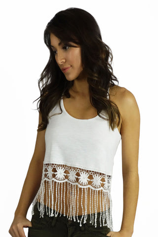 Vintage Havana White Crochet Fringe Trim Tank - TOPS - VINTAGE HAVANA - Free Vibrationz - 1