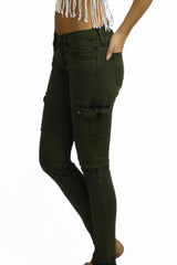 Flying Monkey Olive Cargo Denim Pants- BOTTOMS-FLYING MONKEY-Free Vibrationz